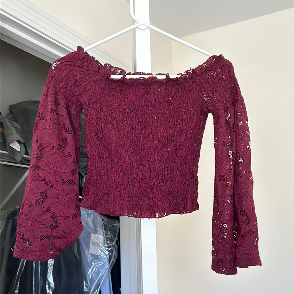 Elegant Burgundy Lace Off-Shoulder Sweater